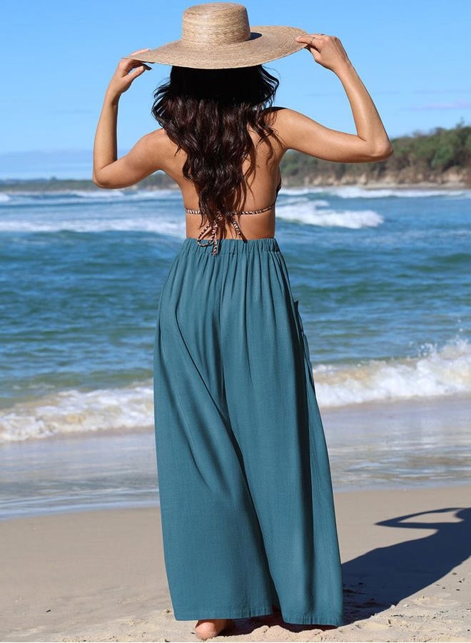 TARSE Women Linen Palazzo Pants Summer Wide Leg Boho Drawstring Casual Lounge Pant Beach Travel Vacation Outfits, Lake Blue, L - Image 4