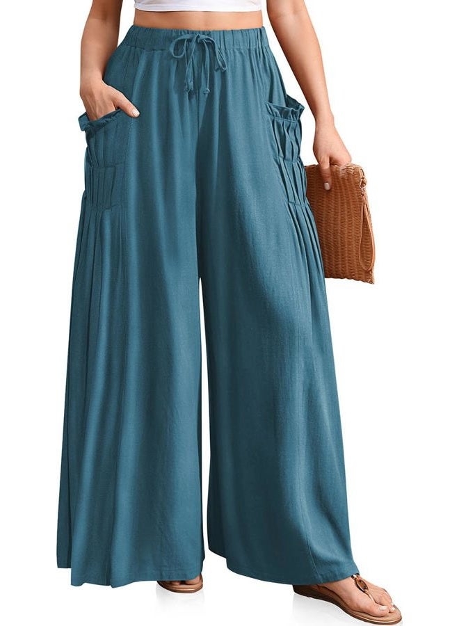 TARSE Women Linen Palazzo Pants Summer Wide Leg Boho Drawstring Casual Lounge Pant Beach Travel Vacation Outfits, Lake Blue, L - Image 1