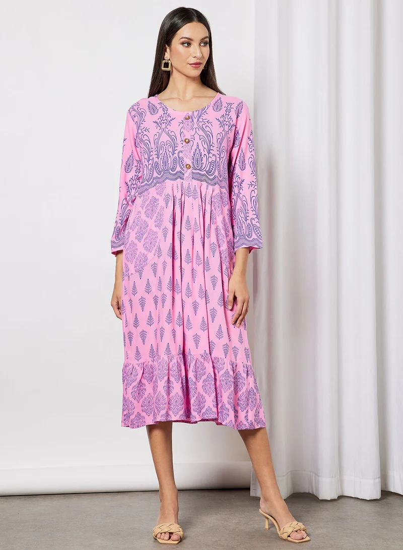 HANA & SARA All Over Printed Round Neck Three Quarter Sleeve Jalabiya