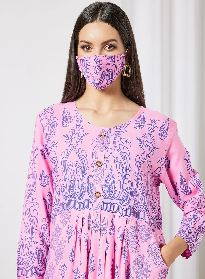 HANA & SARA All Over Printed Round Neck Three Quarter Sleeve Jalabiya