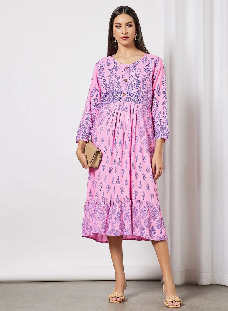 HANA & SARA All Over Printed Round Neck Three Quarter Sleeve Jalabiya