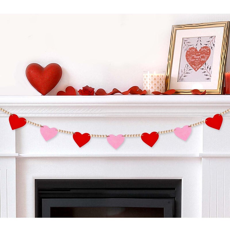 Yunfan Valentines Day Decorations Valentines Decor NO DIY Wooden Red Pink Hearts with Bead Garland Banner for Home Fireplace Mantle Windows Wall Decor Wedding Anniversary Party - Image 1
