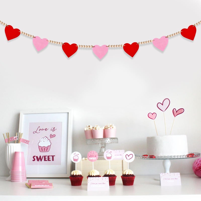 Yunfan Valentines Day Decorations Valentines Decor NO DIY Wooden Red Pink Hearts with Bead Garland Banner for Home Fireplace Mantle Windows Wall Decor Wedding Anniversary Party - Image 3