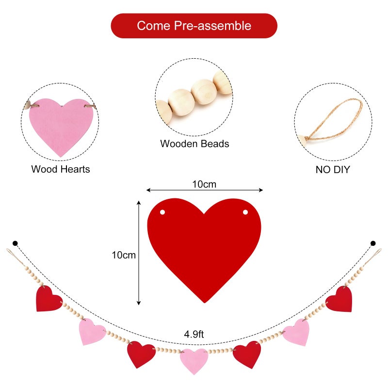 Yunfan Valentines Day Decorations Valentines Decor NO DIY Wooden Red Pink Hearts with Bead Garland Banner for Home Fireplace Mantle Windows Wall Decor Wedding Anniversary Party - Image 5