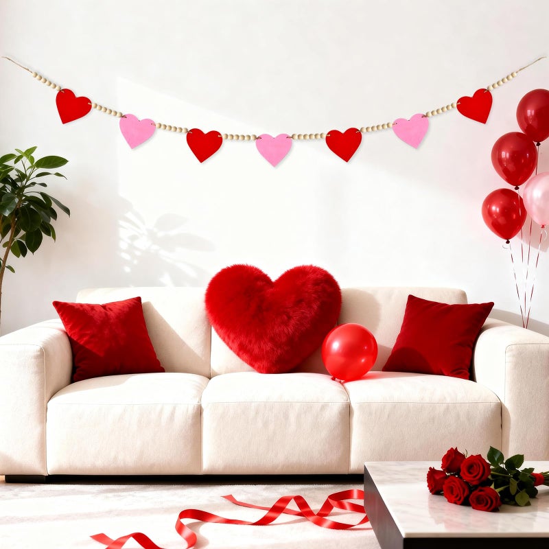 Yunfan Valentines Day Decorations Valentines Decor NO DIY Wooden Red Pink Hearts with Bead Garland Banner for Home Fireplace Mantle Windows Wall Decor Wedding Anniversary Party - Image 2