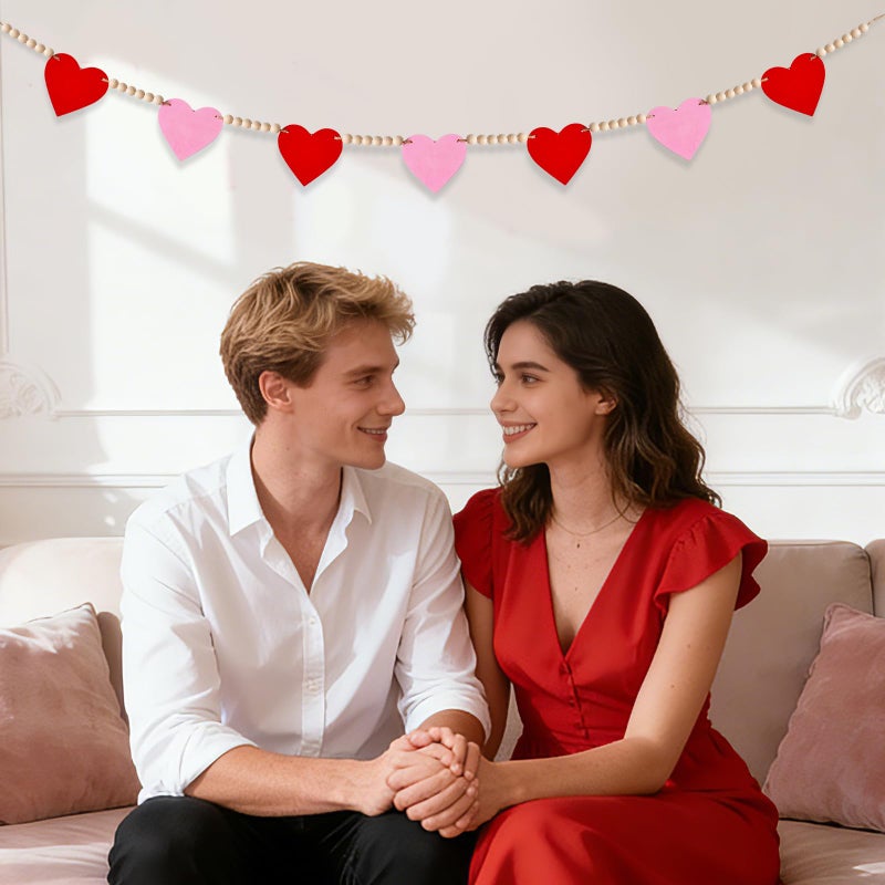 Yunfan Valentines Day Decorations Valentines Decor NO DIY Wooden Red Pink Hearts with Bead Garland Banner for Home Fireplace Mantle Windows Wall Decor Wedding Anniversary Party - Image 4