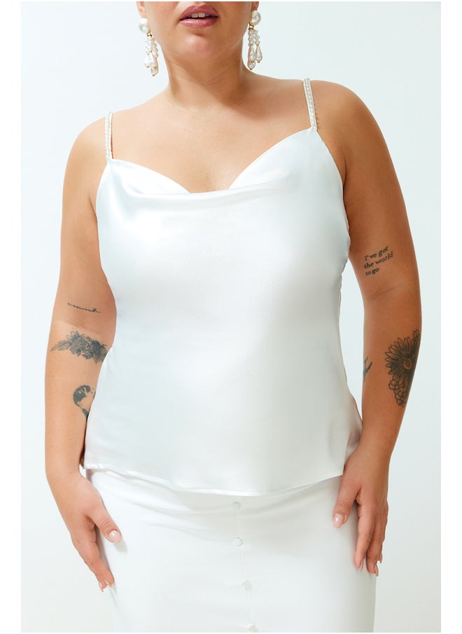 trendyol - Basic Plain Weave Satin Blouse in Ecru with Polka Dot Collar. - Image 1
