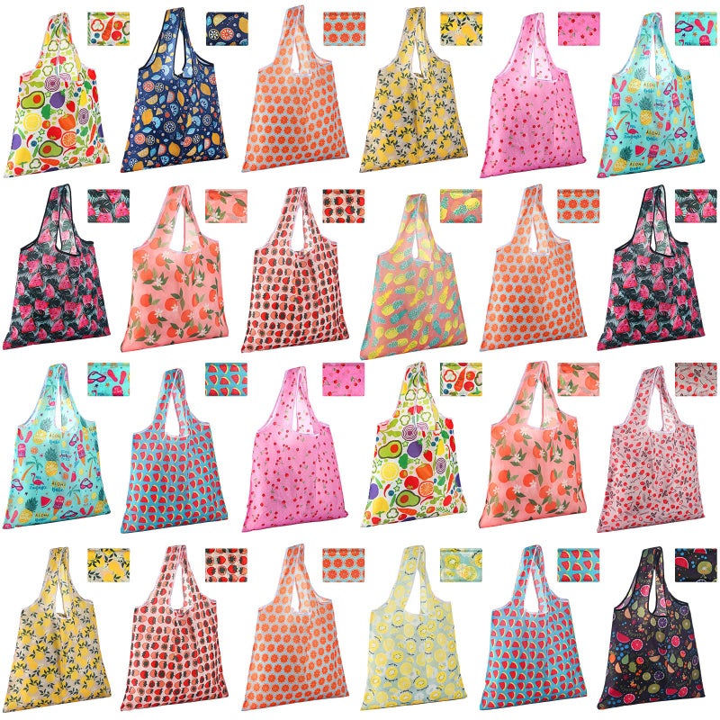 Eccliy 24 Pieces Reusable Grocery Bags Polyester Shopping Bags for Groceries Multi Colors Reusable Foldable Shopping Tote (Fruits Style) - Image 1