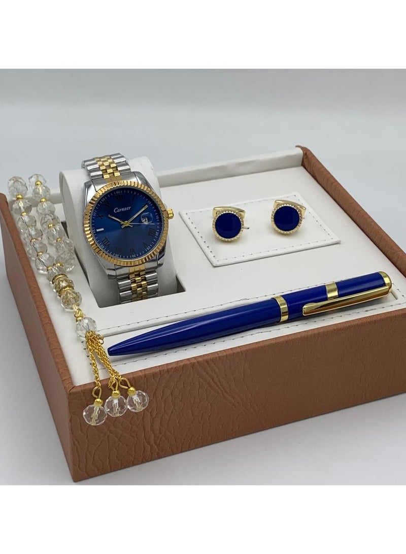 Men's set from Carnaer, consisting of fuor pieces: a watch, a pen, cufflinks, and a rosary.