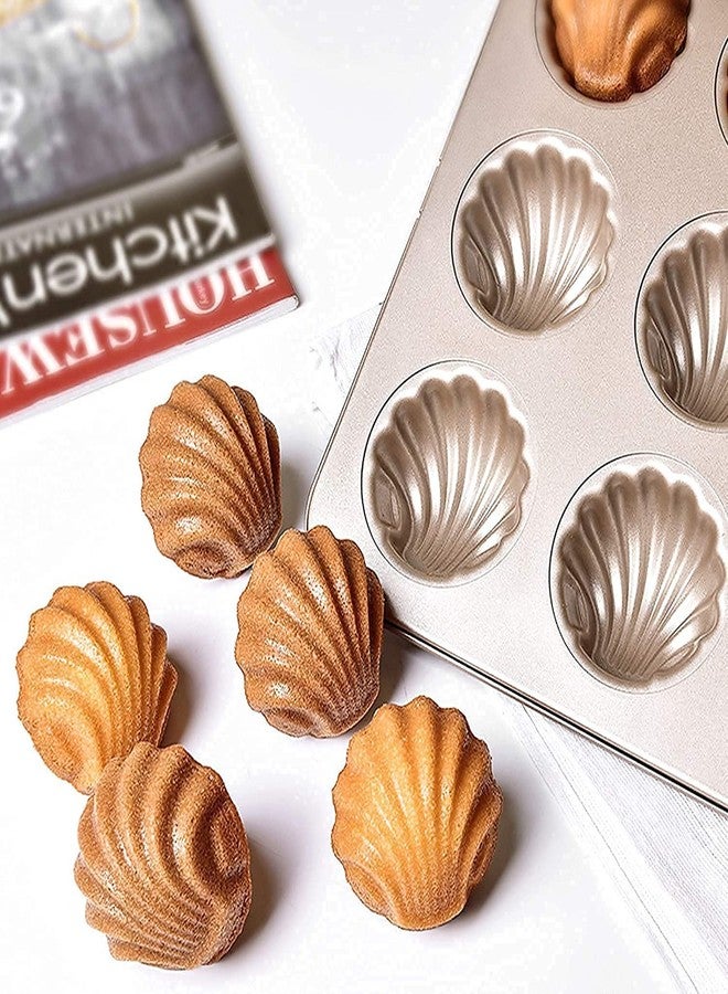 Zeinwap Stainless Steel Cake Mould Muffin 6-Cavity Madeleines Cake Baking Pans Tray Shell Shaped Mold Nonstick (1Pc,Gold) (Shell Shape Round) - Image 2
