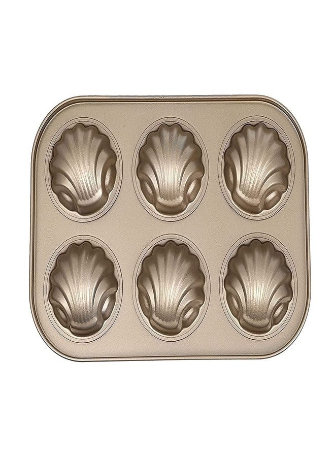 Zeinwap Stainless Steel Cake Mould Muffin 6-Cavity Madeleines Cake Baking Pans Tray Shell Shaped Mold Nonstick (1Pc,Gold) (Shell Shape Round) - Image 1