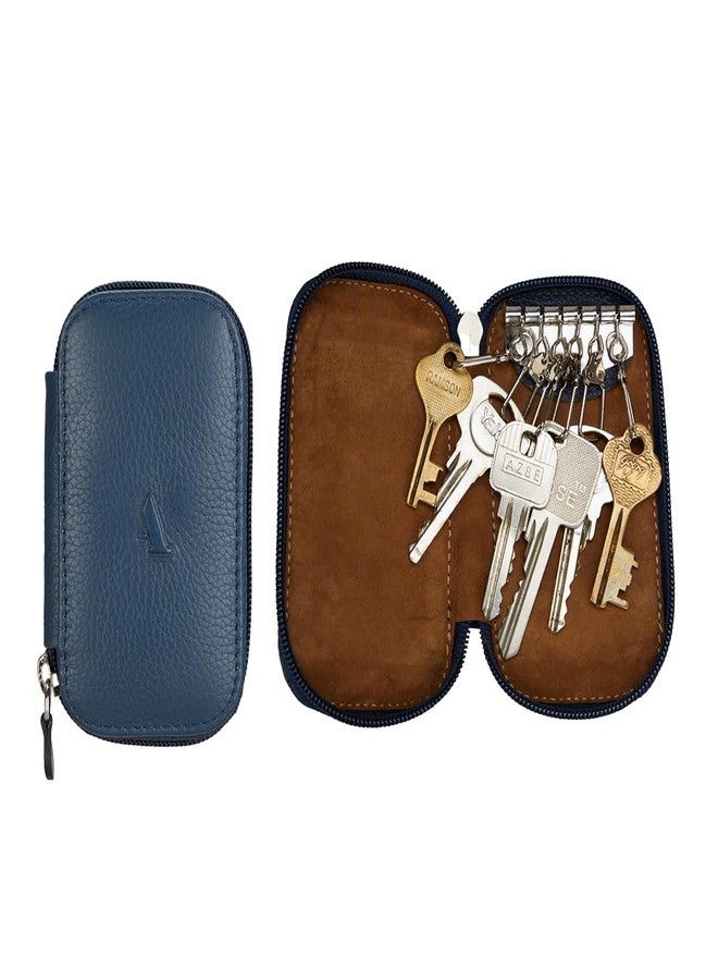 Adamis Genuine Leather Keychain Holder Pouch, Key Case, Soft Strong and Compact Organizer and Wallet with Zip Closure for Extra Safety and Key Holder 6 Hooks W55 Blue, Size 6 x 11 cm - Image 2