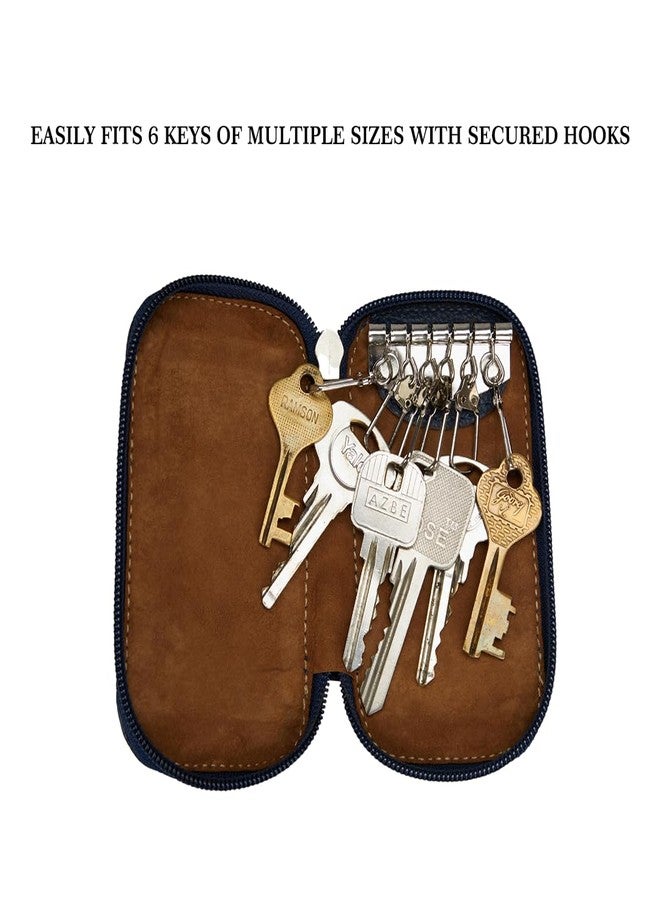 Adamis Genuine Leather Keychain Holder Pouch, Key Case, Soft Strong and Compact Organizer and Wallet with Zip Closure for Extra Safety and Key Holder 6 Hooks W55 Blue, Size 6 x 11 cm - Image 4