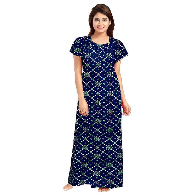 NEGLIGEE Women's Cotton Printed Maxi Night Gown Nighty - Blue - Free Size - Image 4