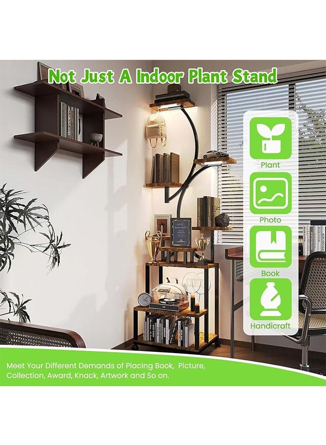 JCB CHIC حامل نباتات داخلي مزود بإضاءة، رف تخزين خشبي من 8 طبقات، رف عرض متعدد، حامل زهور قائم على الأرض، حامل نباتات زاوية معدني لعدة نباتات، حامل عرض زهور لغرفة المعيشة، الشرفة، الفناء، الحديقة - Image 5