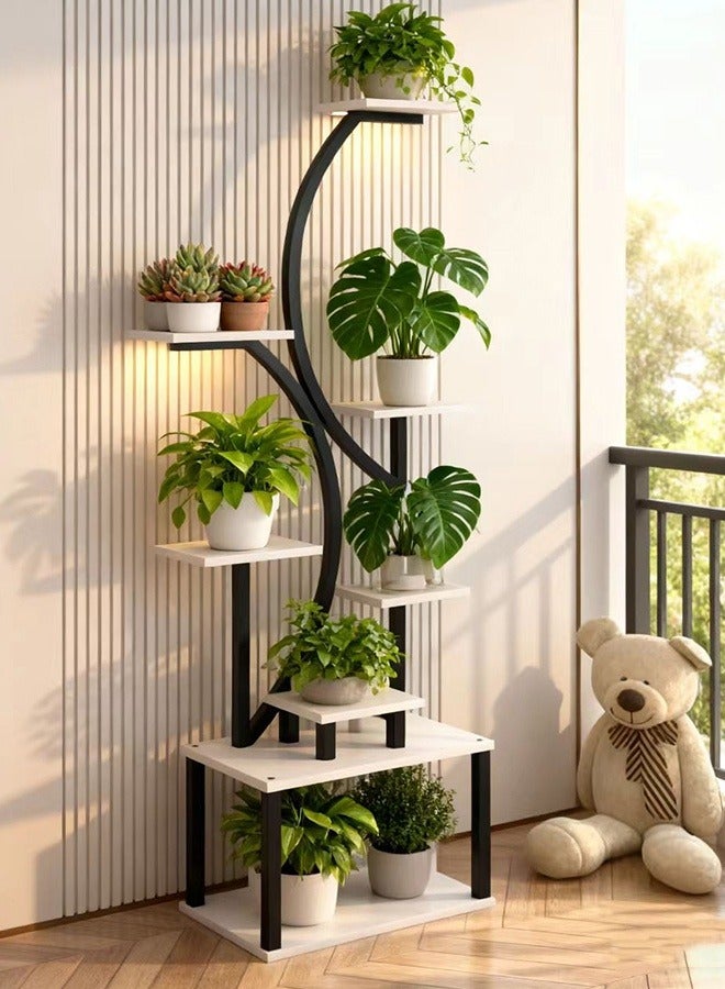 JCB CHIC حامل نباتات داخلي مزود بإضاءة، رف تخزين خشبي من 8 طبقات، رف عرض متعدد، حامل زهور قائم على الأرض، حامل نباتات زاوية معدني لعدة نباتات، حامل عرض زهور لغرفة المعيشة، الشرفة، الفناء، الحديقة - Image 1