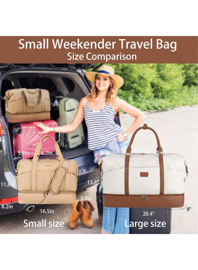 Stuery Lightweight Puffer Gym Bag for Women: Small Carry on Tote Bag for Travel with Shoe Compartment & Wet Pocket, Overnight Weekender Duffel for Airplane Traveling Girls & Teens, Khaki - Image 2