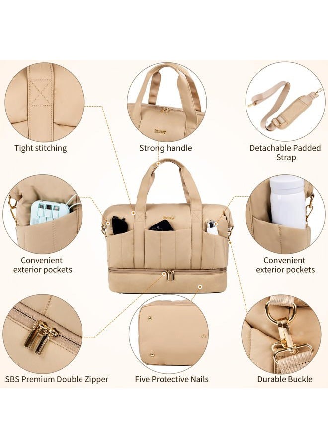 Stuery Lightweight Puffer Gym Bag for Women: Small Carry on Tote Bag for Travel with Shoe Compartment & Wet Pocket, Overnight Weekender Duffel for Airplane Traveling Girls & Teens, Khaki - Image 4