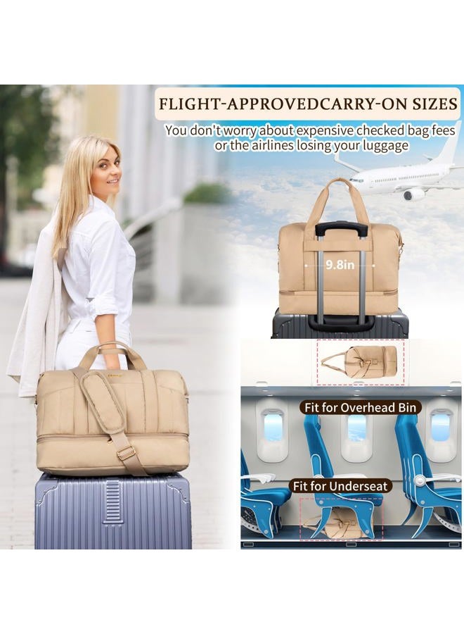 Stuery Lightweight Puffer Gym Bag for Women: Small Carry on Tote Bag for Travel with Shoe Compartment & Wet Pocket, Overnight Weekender Duffel for Airplane Traveling Girls & Teens, Khaki - Image 5