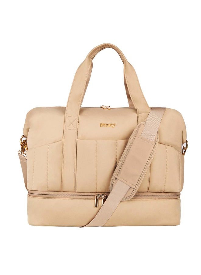 Stuery Lightweight Puffer Gym Bag for Women: Small Carry on Tote Bag for Travel with Shoe Compartment & Wet Pocket, Overnight Weekender Duffel for Airplane Traveling Girls & Teens, Khaki - Image 1