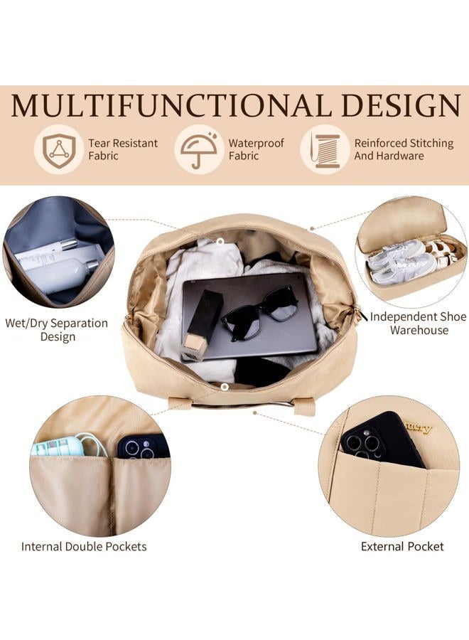 Stuery Lightweight Puffer Gym Bag for Women: Small Carry on Tote Bag for Travel with Shoe Compartment & Wet Pocket, Overnight Weekender Duffel for Airplane Traveling Girls & Teens, Khaki - Image 3