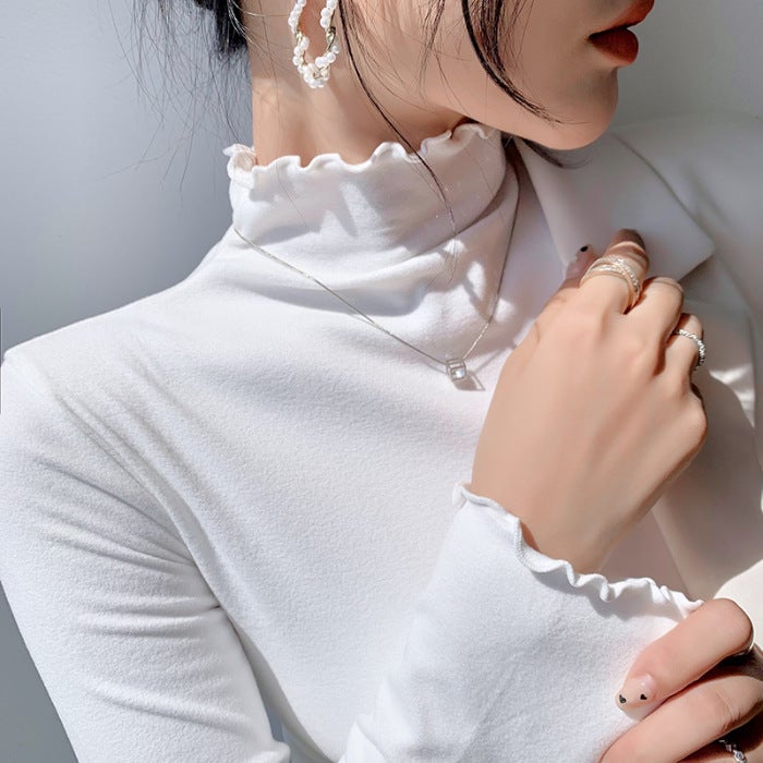 Double-Sided Velvet Semi-High Collar Base Shirt Women'S Long Sleeve T-Shirt With Sanding Thickened Style - Image 1