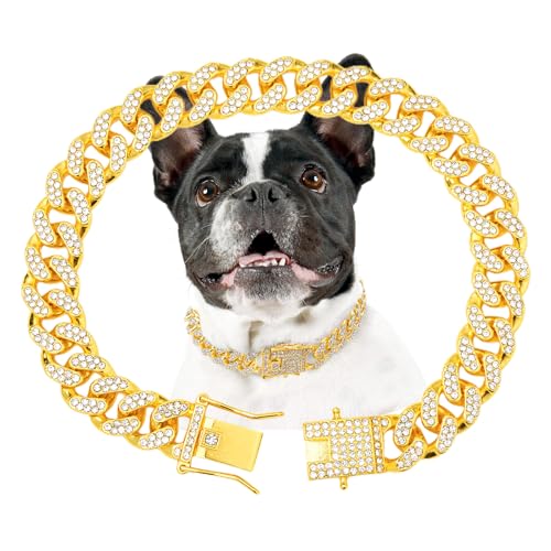 THAMIAO Gold Dog Chain Diamond Gold Chain Dog Collar Walking Metal with Design Secure Buckle Pet Collar Jewelry Accessories Necklace for Small Medium Large Cats10 Inch - Image 1