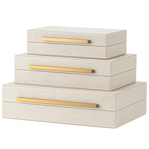 XIGEXIGE Faux Leather Large Modern Stackable Nesting Jewelry Box with Lids Organizer Set of 3 Beige Shagreen Decorative Storage Boxes with Gold Metal Handles - Image 3