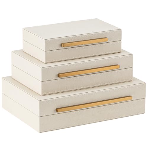 XIGEXIGE Faux Leather Large Modern Stackable Nesting Jewelry Box with Lids Organizer Set of 3 Beige Shagreen Decorative Storage Boxes with Gold Metal Handles - Image 1
