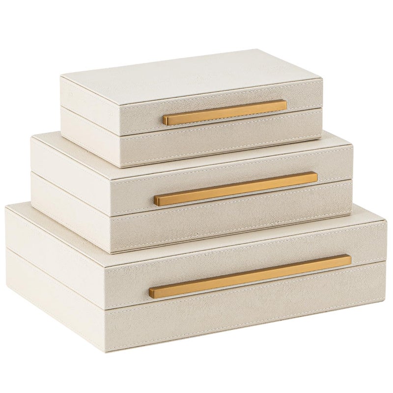 XIGEXIGE Faux Leather Large Modern Stackable Nesting Jewelry Box with Lids Organizer Set of 3 Beige Shagreen Decorative Storage Boxes with Gold Metal Handles - Image 2