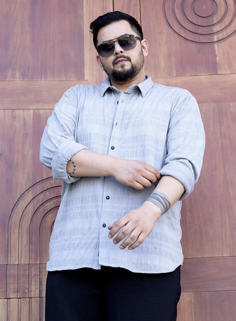 انستافاب بلس قميص رجالي أزرق فاتح بنقشة مضفرة مريحة للملابس الكاجوال بياقة ممتدة وأكمام طويلة بأزرار مقاس كبير