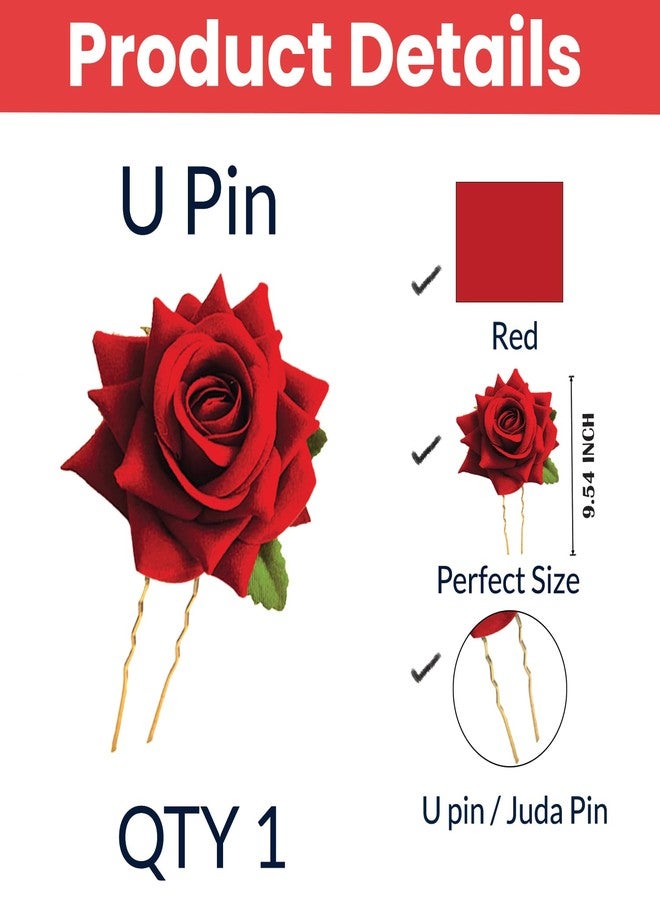 TEMPERIA (1pcs) Hair Accessories For Women & Girls - Stylish Red Rose Artificial Flowers Bun Juda U Pins & Clips for Style & Decoration - Bridal Brooch & Braid for Hairstyle of Bride, Wedding & Party - Image 2