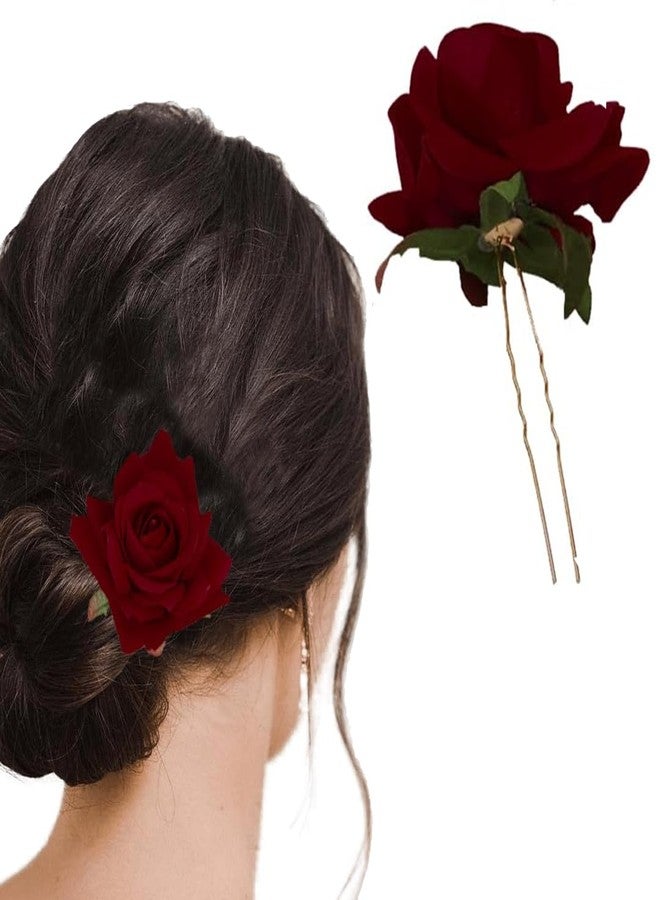 TEMPERIA (1pcs) Hair Accessories For Women & Girls - Stylish Red Rose Artificial Flowers Bun Juda U Pins & Clips for Style & Decoration - Bridal Brooch & Braid for Hairstyle of Bride, Wedding & Party - Image 1