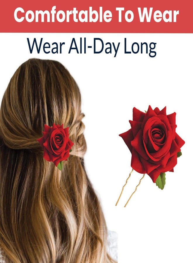TEMPERIA (1pcs) Hair Accessories For Women & Girls - Stylish Red Rose Artificial Flowers Bun Juda U Pins & Clips for Style & Decoration - Bridal Brooch & Braid for Hairstyle of Bride, Wedding & Party - Image 4