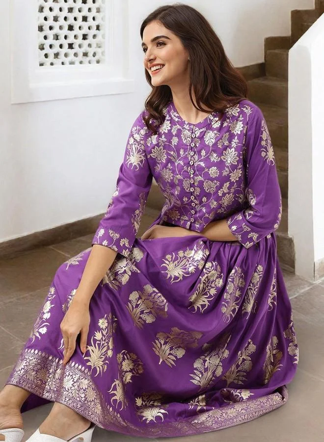 ISHIN Women's Purple 100% Polyester Embroidered Tunic Full Length Palazzo Straight Fit Kurta Set