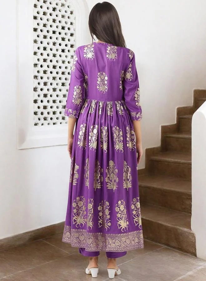 ISHIN Women's Purple 100% Polyester Embroidered Tunic Full Length Palazzo Straight Fit Kurta Set