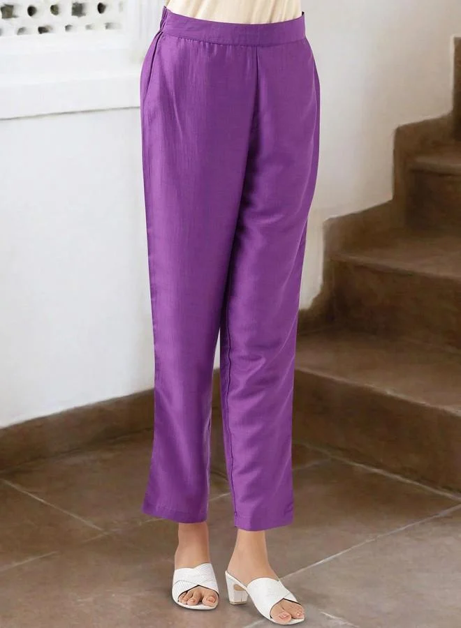 ISHIN Women's Purple 100% Polyester Embroidered Tunic Full Length Palazzo Straight Fit Kurta Set