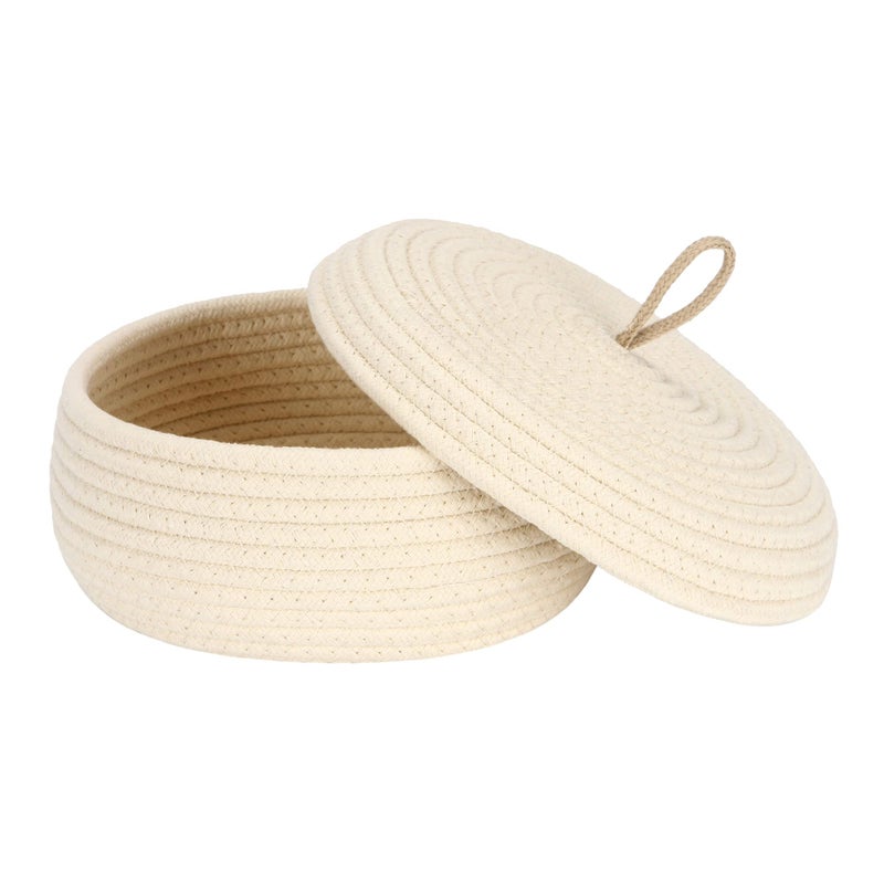 Sea Team Round Cotton Rope Storage Basket with Lid, Decorative Woven Storage Bin, Pot, Caddy, Organizer, Container for Snacks, Towels, Plants, 10 x 4.5 Inches (Small, Shallow, Cream) - Image 1