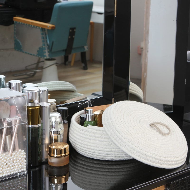 Sea Team Round Cotton Rope Storage Basket with Lid, Decorative Woven Storage Bin, Pot, Caddy, Organizer, Container for Snacks, Towels, Plants, 10 x 4.5 Inches (Small, Shallow, Cream) - Image 3