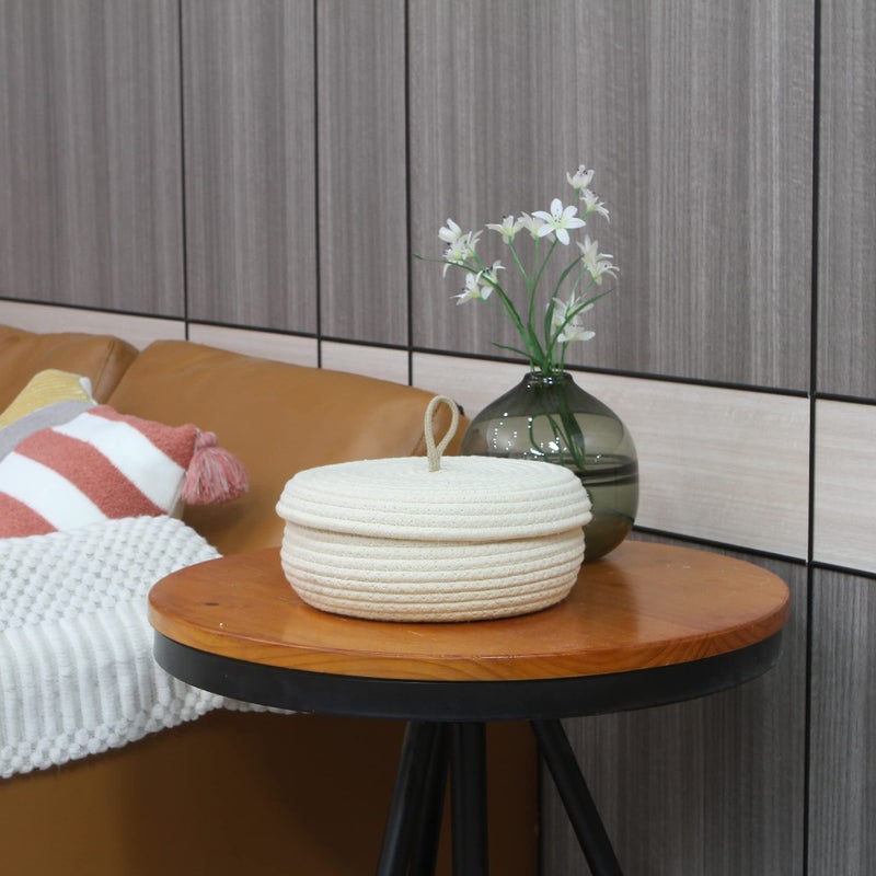 Sea Team Round Cotton Rope Storage Basket with Lid, Decorative Woven Storage Bin, Pot, Caddy, Organizer, Container for Snacks, Towels, Plants, 10 x 4.5 Inches (Small, Shallow, Cream) - Image 2