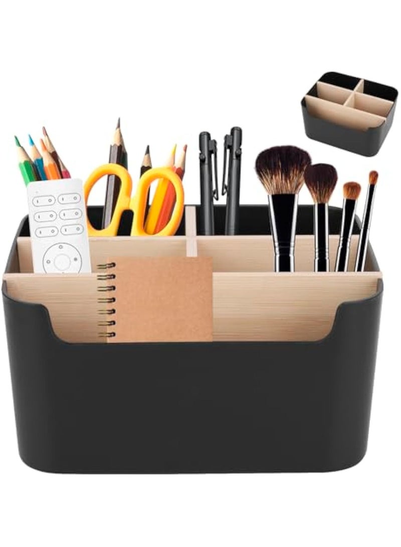 عربست منظم مكتب من الخيزران، منظم طاولات مكتب، 5 مربعات، مكتب، حامل أقلام مكتب قابل للإزالة مع مقسم، مصنوع من الخيزران، منظم مكتب لمستحضرات التجميل والأقلام والملاحظات اللاصقة (أسود) - Image 1