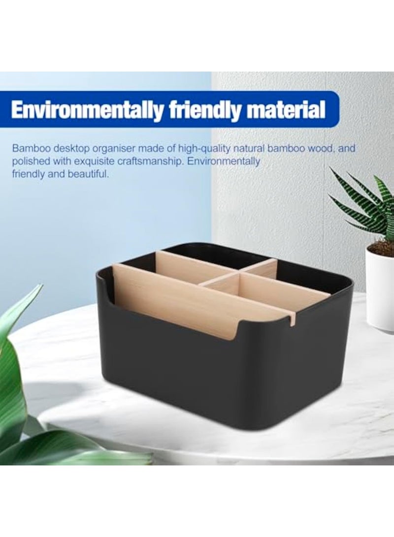 عربست منظم مكتب من الخيزران، منظم طاولات مكتب، 5 مربعات، مكتب، حامل أقلام مكتب قابل للإزالة مع مقسم، مصنوع من الخيزران، منظم مكتب لمستحضرات التجميل والأقلام والملاحظات اللاصقة (أسود) - Image 3