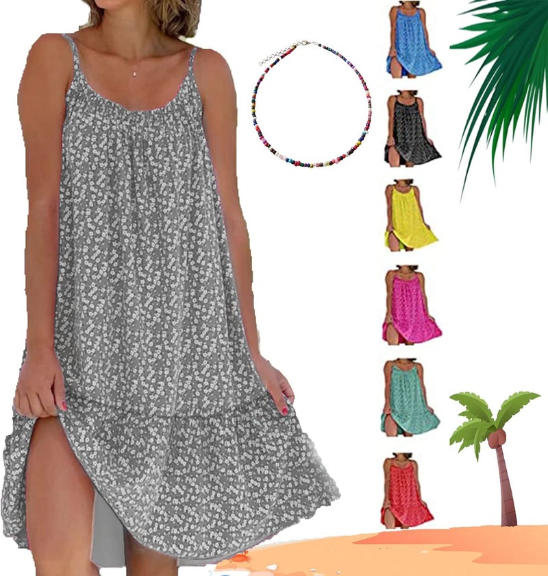 woobles CamiBloom - Floral Printed Camisole Dress Womens Summer Loose-Fit Sleeveless Ruffle Flowy Beach Mini Dress Grey S - Image 1