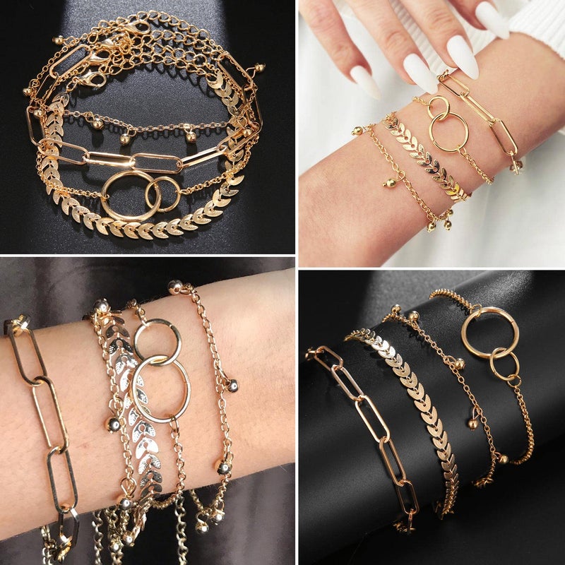 17IF 25 PCS(6 Pack) Dainty Boho Gold Chain Bracelets Set for Women Stackable Chunky Multipack Layered Bangles Adjustable Flat Cuff Cuban Punk Charm Bracelet Bundle Jewelry - Image 5