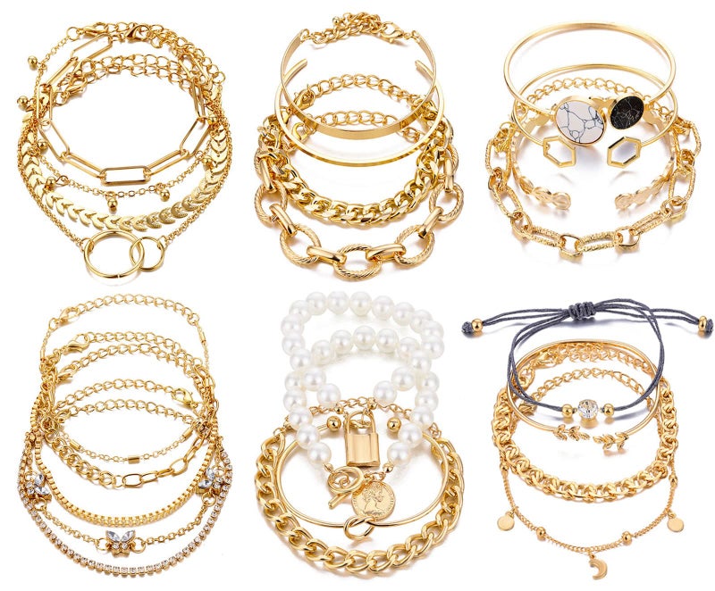 17IF 25 PCS(6 Pack) Dainty Boho Gold Chain Bracelets Set for Women Stackable Chunky Multipack Layered Bangles Adjustable Flat Cuff Cuban Punk Charm Bracelet Bundle Jewelry - Image 1
