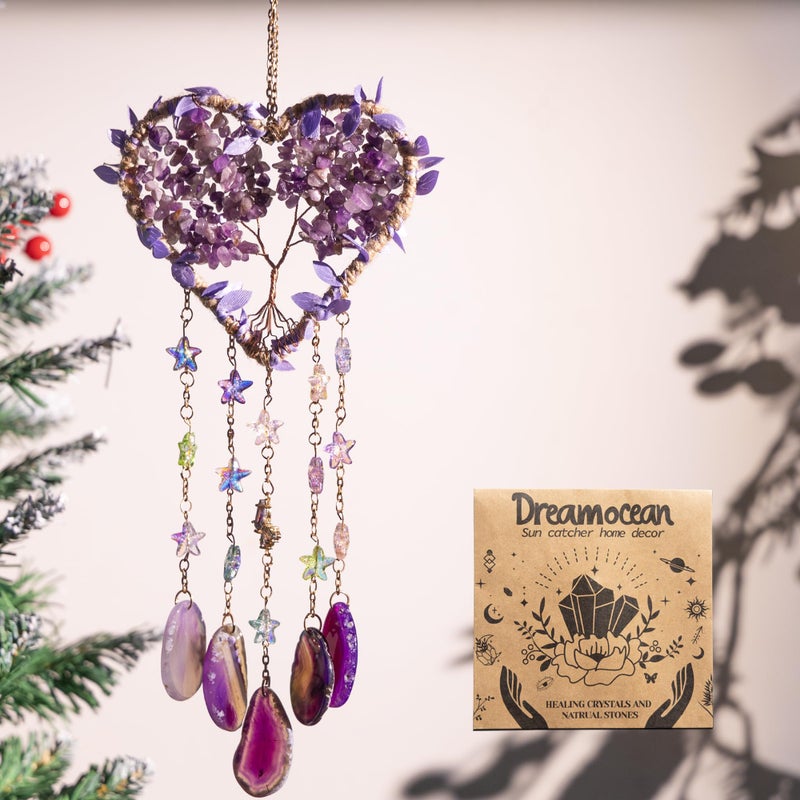 Dreamocean Heart Crystal Suncatcher, Dreamocean Amethyst Sun Catcher for Windows Haning Decor Crystal Tree of Life Dream Catchers Wall Hangings Outdoor Garden Decor for Adults Girls - Image 1