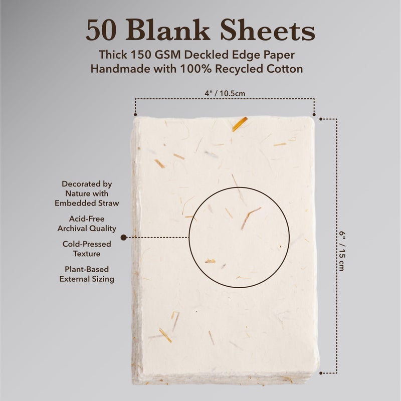 Wanderings Handmade Cream Deckle Edge Blank Paper with Straw - 4x6 - Pack of 50 - Watercolour/Mixed Media Paper - Save The Date Invitations Greeting Cards Notes DIY Arts Crafts - Thick 150 GSM - Image 4