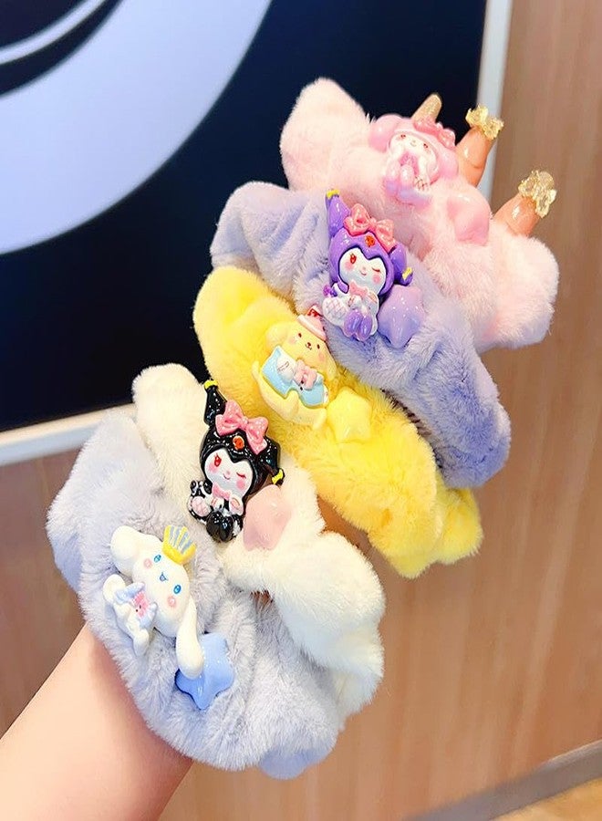 LOCKLUX Cute Plush Cartoon Hair Scrunchies Pack for Girls & Women | Soft Fluffy Hair Bands, Stylish Faux Fur Scrunchies | Warm Furry Elastic Hair Ties with Rubber Bands for Women & Girls - Multicolor Set of 4 - Image 1