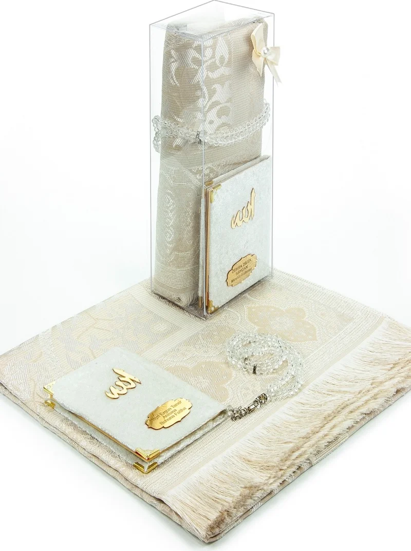İhvan Ihvan Velvet Covered Pocket Size Yasin Book and Prayer Rug Prayer Beads Set White