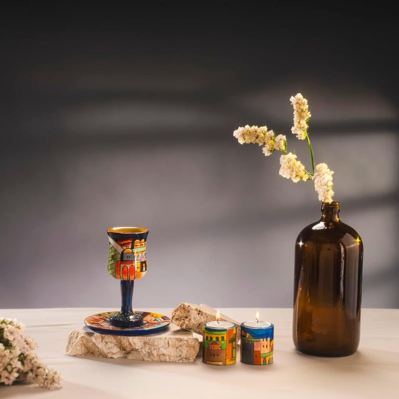 Yair Emanuel Hand-Painted Wooden Kiddush Cup and Saucer Set with Jerusalem Scene - Image 2